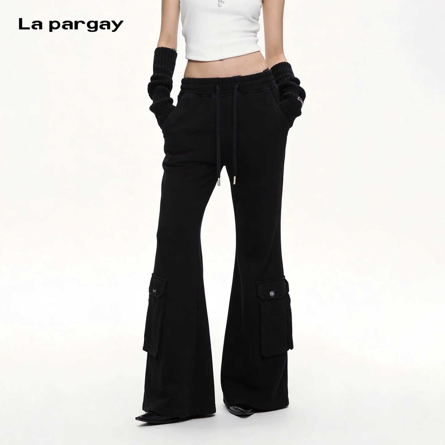 Lapargay drawstring high-waist micro-flare cargo pants with multiple pockets, draping feel, elongates legs L75102612V