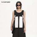 Lapargay Black and White Contrast Sleeveless Vest Geometric Cut Curved Back Hem Slimming Top L63101913C