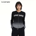 Lapargay Gradient Ribbed Knit Double-Zip Cardigan with Letter Jacquard, Waist-Cinching and Slimming L75408302V