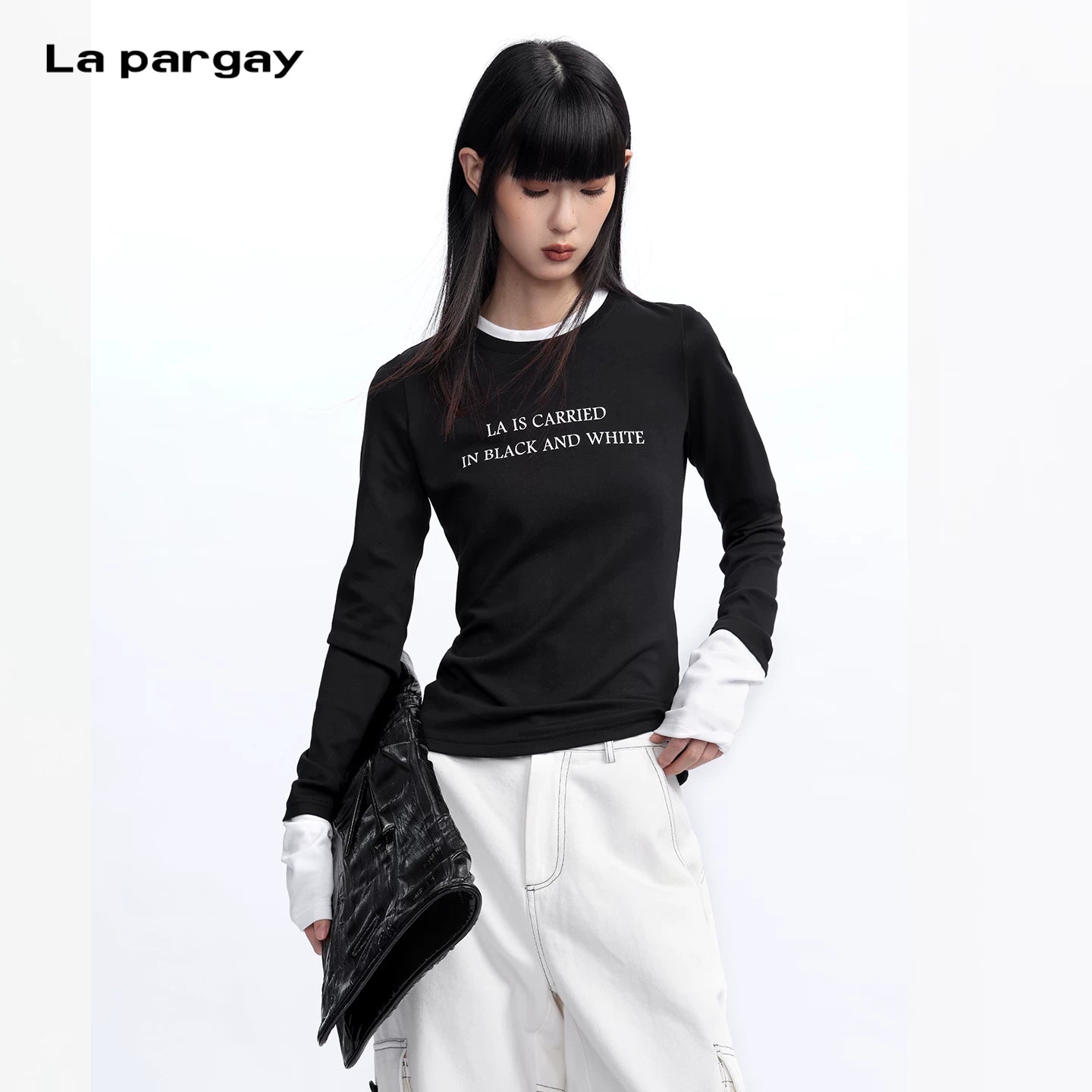 Lapargay 【Return to Reason】Color Block Fake Two-Piece Long Sleeve T-Shirt Classic Black and White L75300306V
