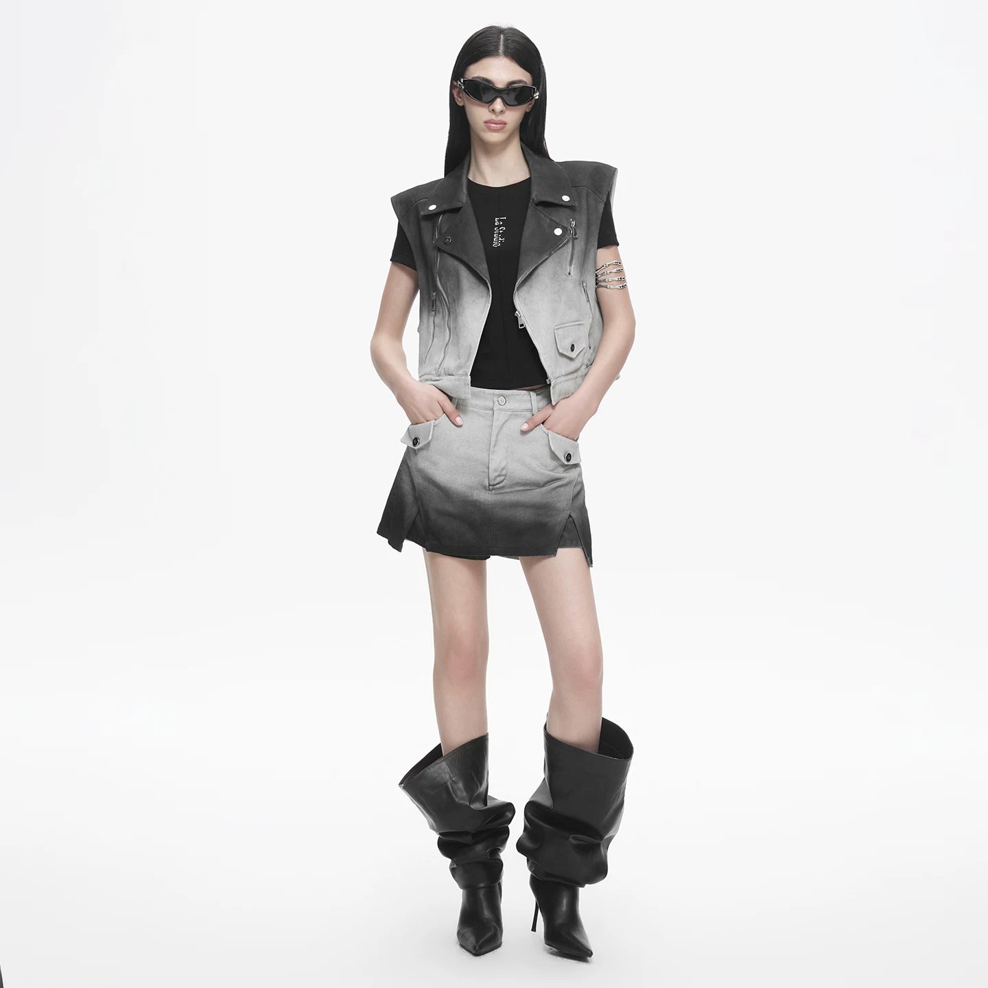 Lapargay sleeveless lapel vest, gradient denim short jacket, chic and versatile cardigan L78201401V