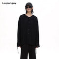 Lapargay dark pattern pleated tie shirt flared sleeve design solid drape top L75101007C
