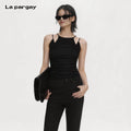 Lapargay Halterneck Cutout Camisole Vest Pleated Texture Design Fit Body Shape L75200102C