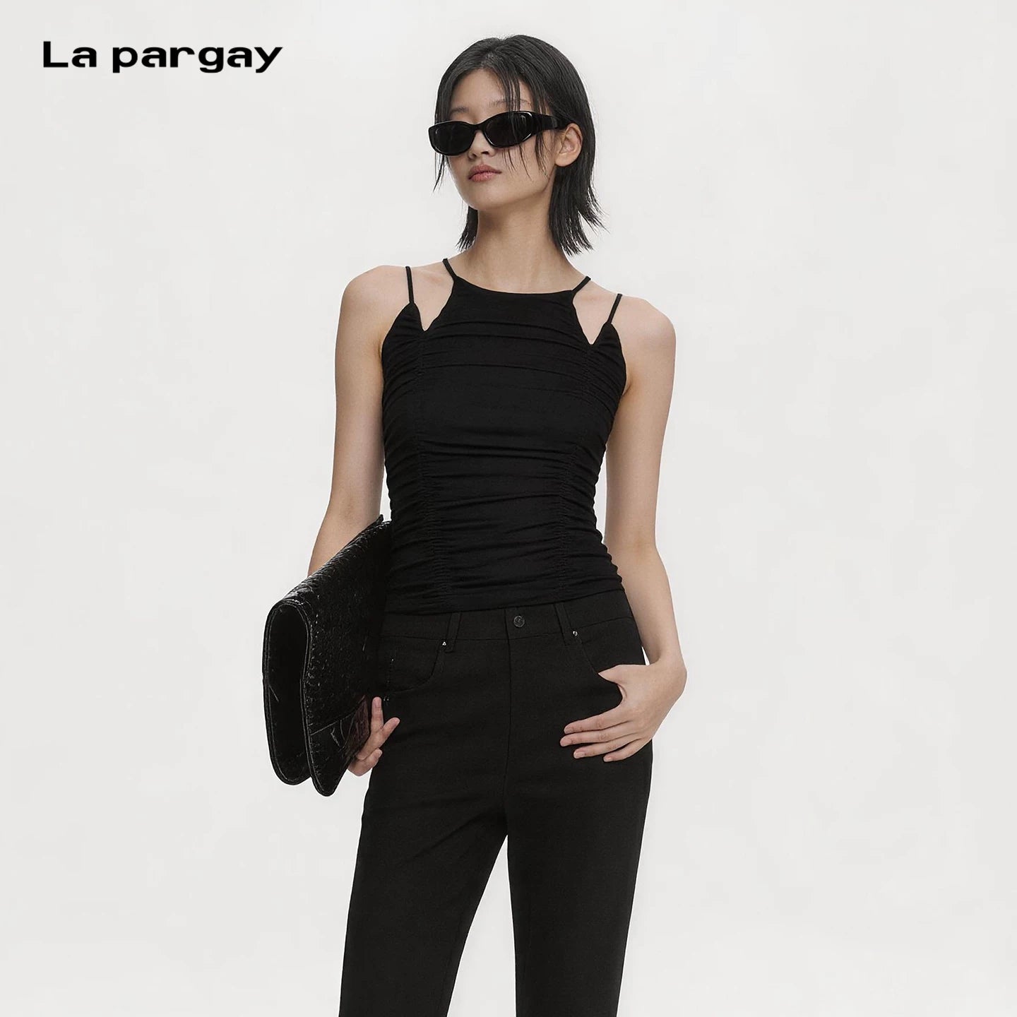 Lapargay Halterneck Cutout Camisole Vest Pleated Texture Design Fit Body Shape L75200102C
