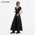 Lapargay  Elastic Waist Metal Buckle Dress Long Skirt, Pleated Texture Little Black Dress L78209008V