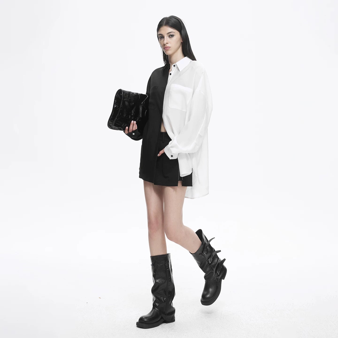 Lapargay Color Block Patchwork Shirt Asymmetric Cut Back Button Design L78201006C