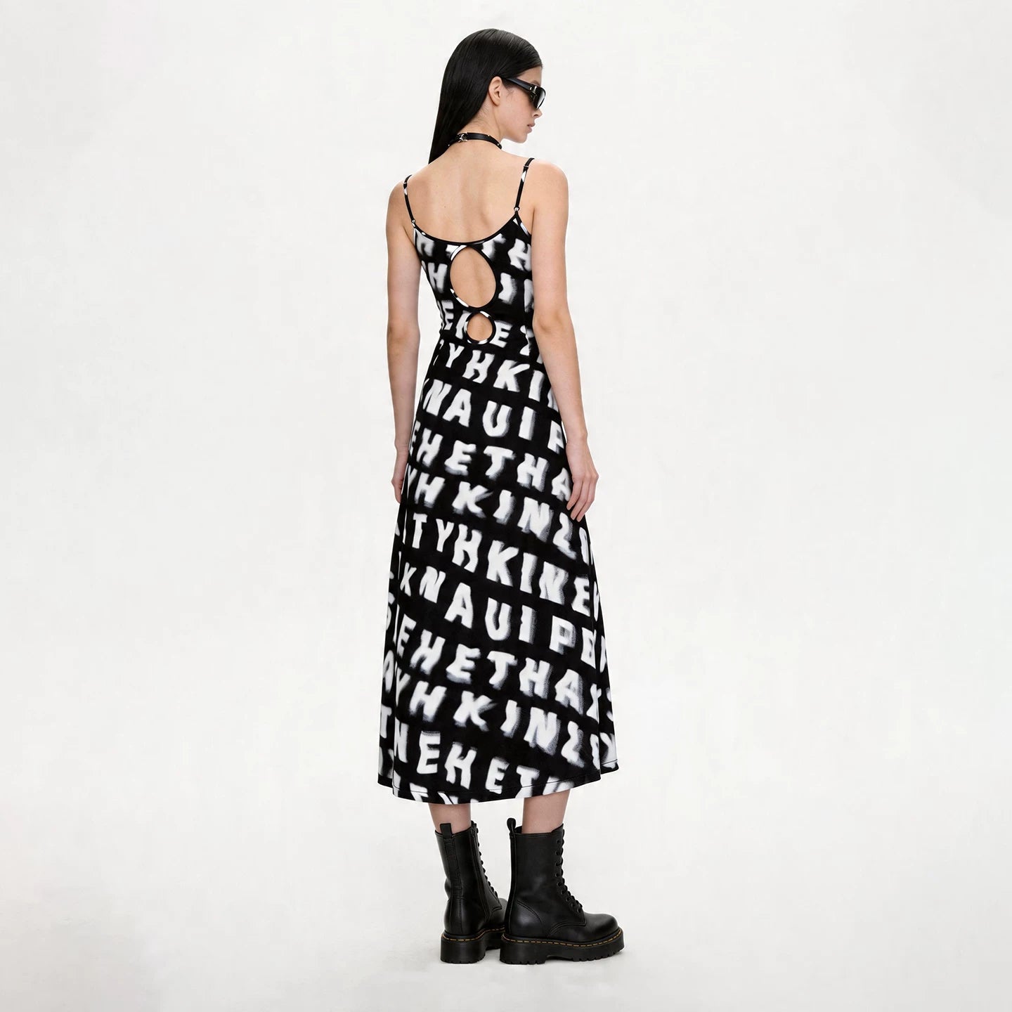 Lapargay Letter print halter dress waist cutout elegant long black dress L69209005V