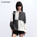 Lapargay Checkered Knit Mesh Pullover Sweater Loose Patchwork Round Neck Top L75308210V