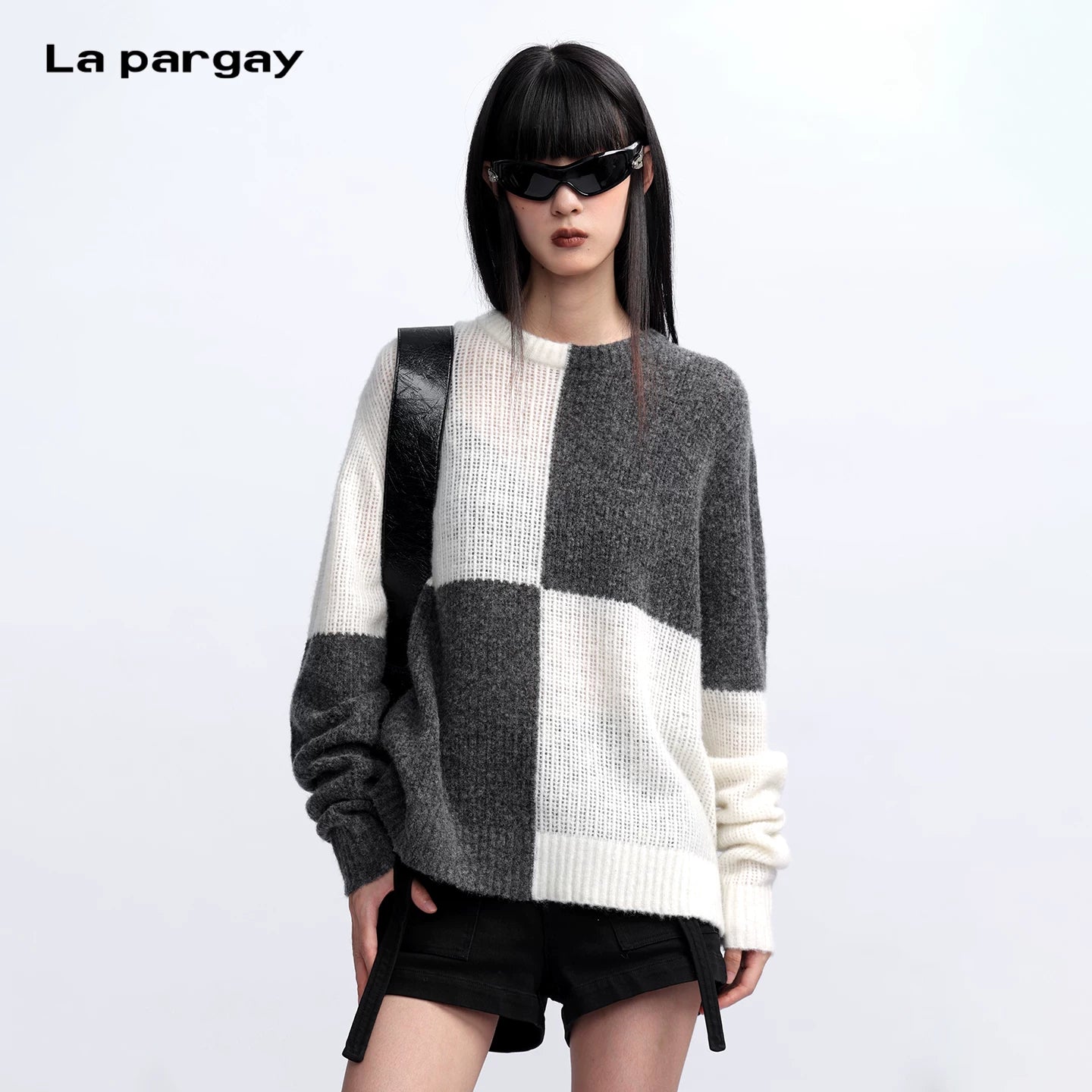 Lapargay Checkered Knit Mesh Pullover Sweater Loose Patchwork Round Neck Top L75308210V