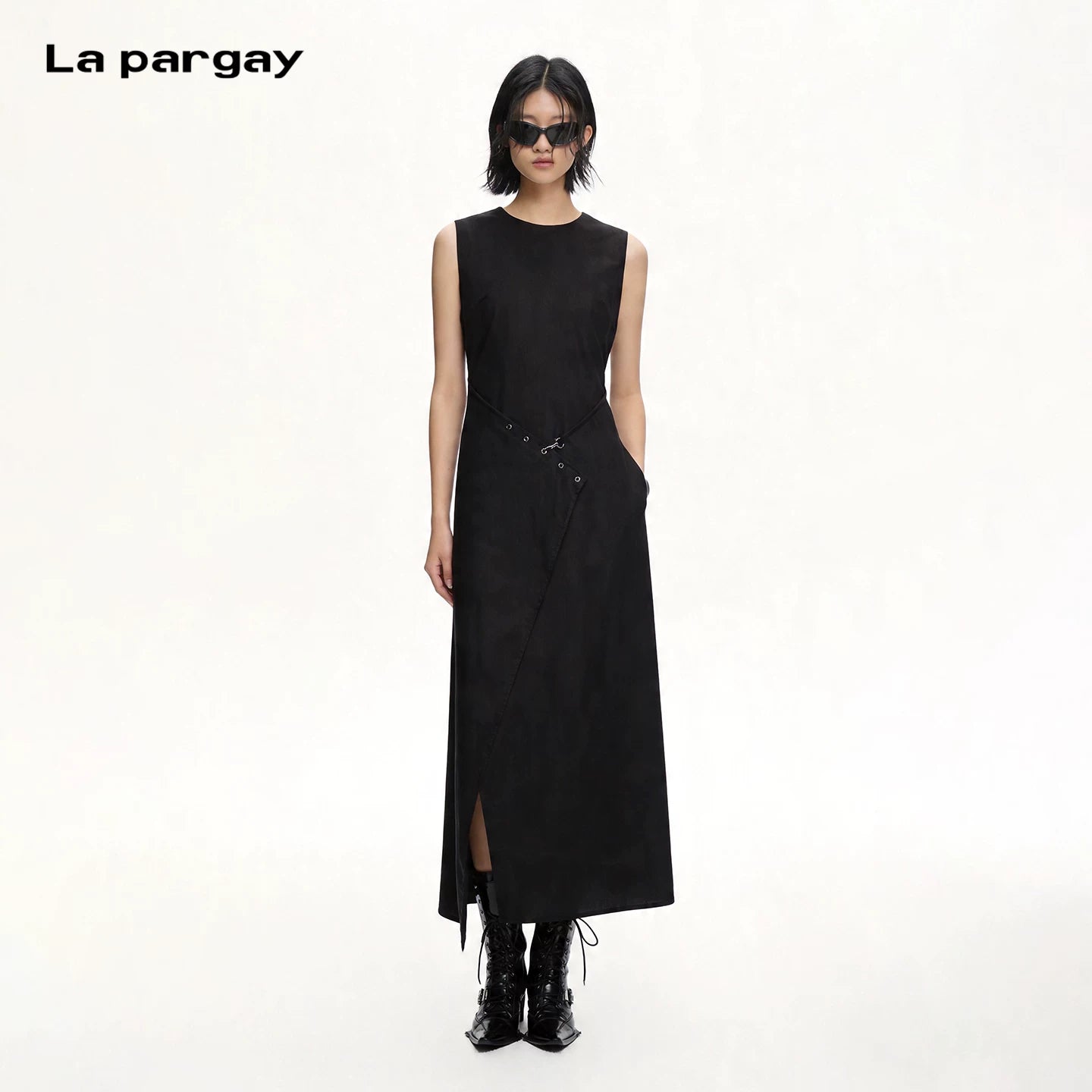 Lapargay solid black sleeveless long dress metal button detail irregular design slimming L75209011C