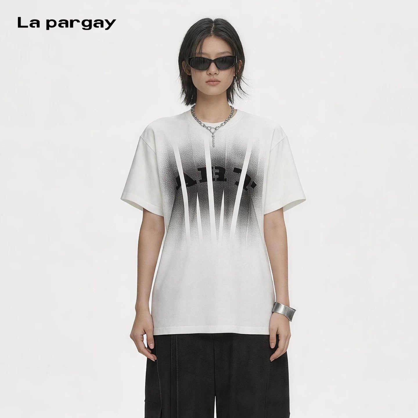 Lapargay Round Neck Short Sleeve T-Shirt Gradient Stripe Print Pure Cotton Skin-Friendly L75200205S
