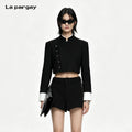 Lapargay New Chinese Style Stand Collar Short Jacket Black and White Contrast Diagonal Placket Metal Button L72401223C