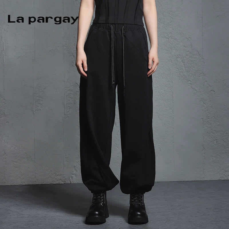 Lapargay Casual Slouch Pants Women Black Jogger Pants Autumn/Winter New Personality Fashion Versatile Loose Elastic Waist Women Pants