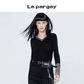 Lapargay 2026 spring new niche v-neck knitwear fashionable chic black long-sleeve slim-fit base top
