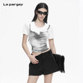 Lapargay Vintage wash print Layered two-piece effect Short waist-cinching top L78200205V