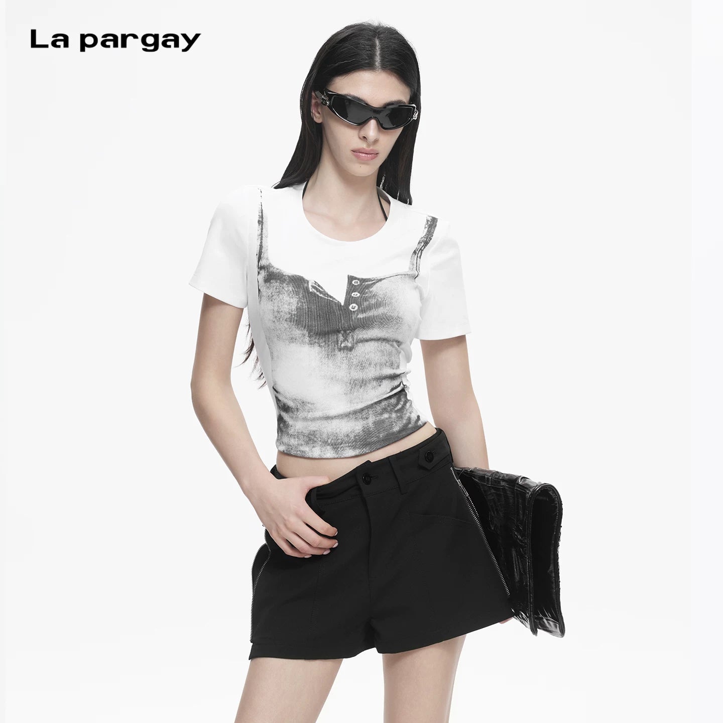 Lapargay Vintage wash print Layered two-piece effect Short waist-cinching top L78200205V