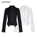 Lapargay Pleated Textured Cropped Shirt Full Zip Front Irregular Split Hem L75101003C