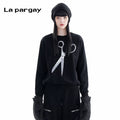 Lapargay Print Pullover Hoodie Women 2026 Spring New Black Long Sleeve Round Neck Loose Casual Top