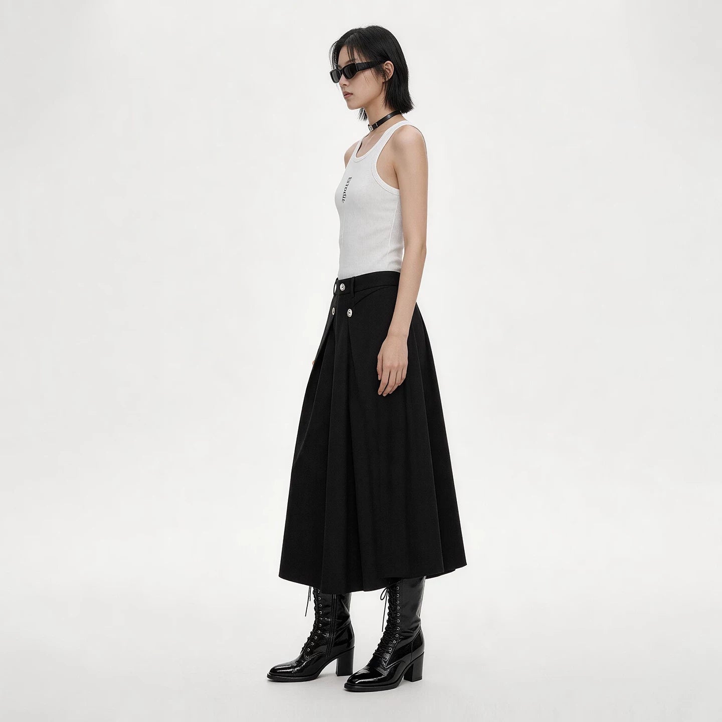 Lapargay dual decorative button hip-covering design A-line midi skirt high waist elongating figure L78209105V