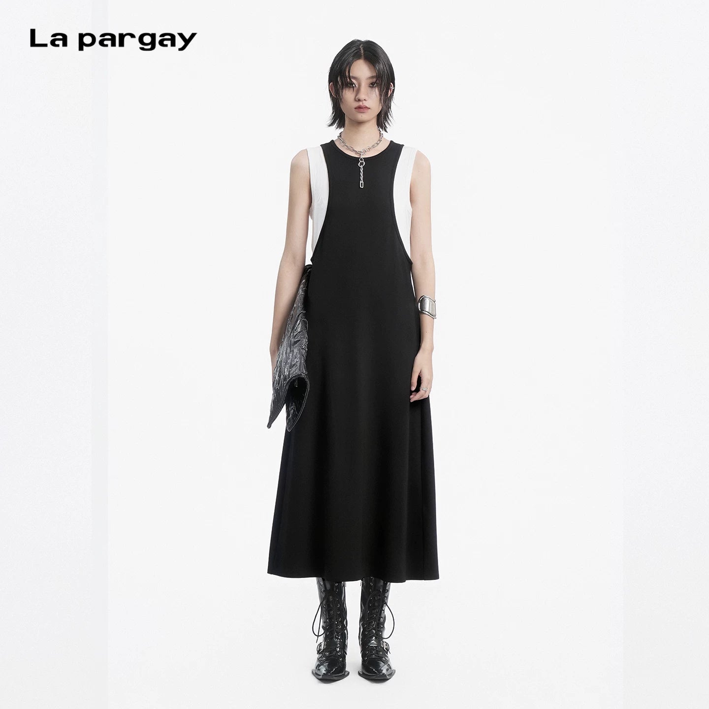 Lapargay Contrast Color Sleeveless Dress Fake Two-piece Stitching Design Strap Little Black Dress L78209012C
