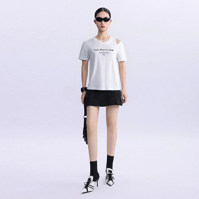 Lapargay Ribbed Casual Knit Top Personality Misaligned Design Sense Short Sleeve T-Shirt Off-Shoulder Trendy Brand Outfit Fashion Short Sleeve Top