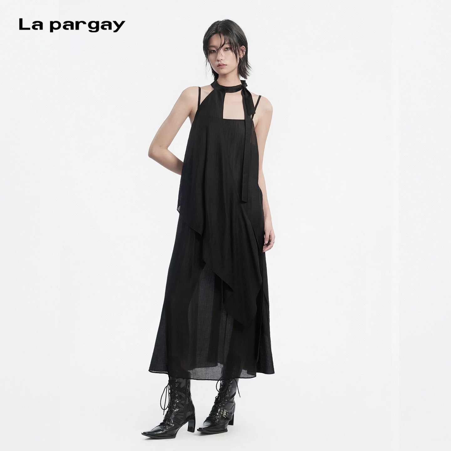 Lapargay Halter Neck Sleeveless Little Black Dress Asymmetric Cut Long Strap Dress L78209011V