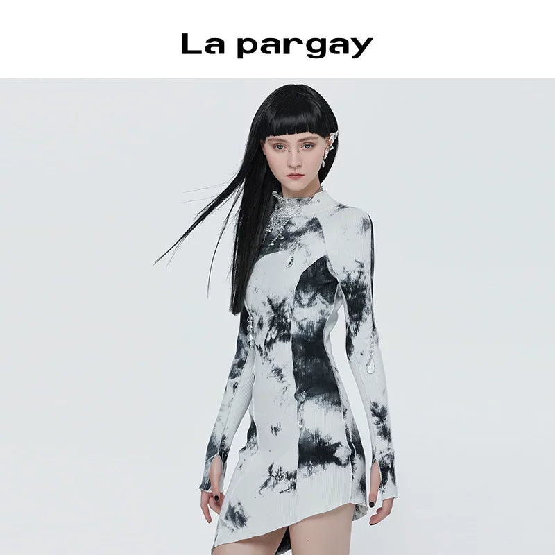 Lapargay 2026 Spring New Half High Neck Tie-Dye Slim Fit Dress Slimming Long Sleeve Pullover Women