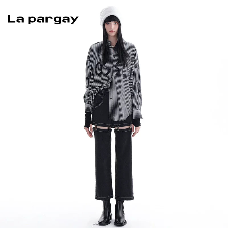 Lapargay high-waist hollow straight-leg pants 2026 spring new women's black personality fashion casual pants