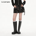 Lapargay vintage tie-dye multi-pocket cargo high-waist A-line hot girl denim skirt L72109202B