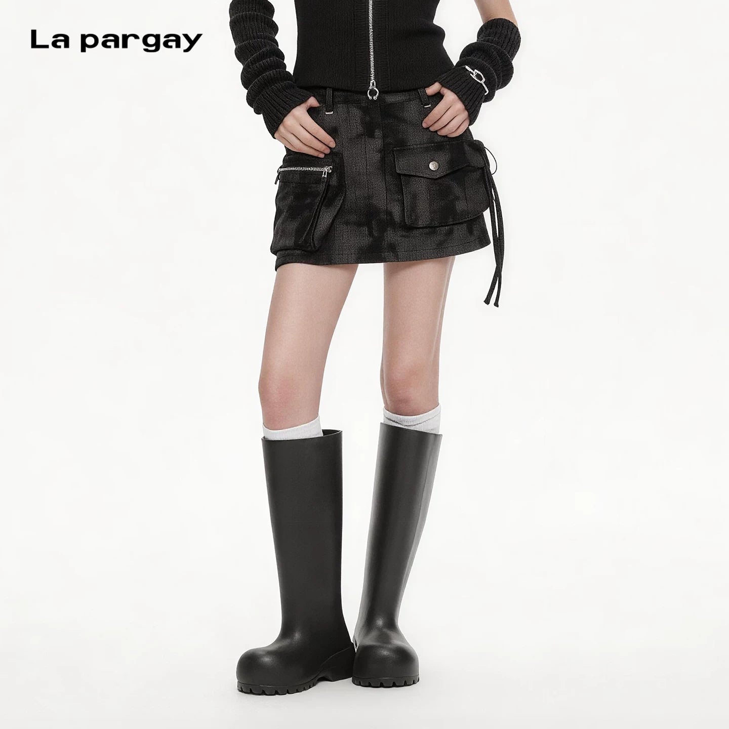 Lapargay vintage tie-dye multi-pocket cargo high-waist A-line hot girl denim skirt L72109202B