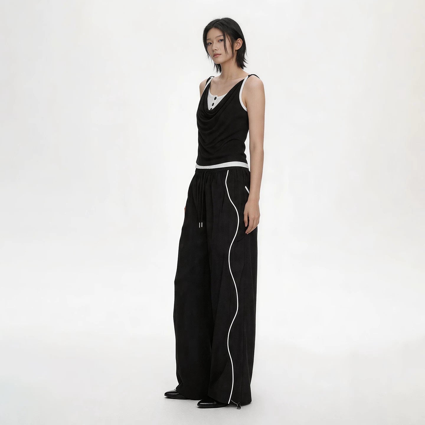 Lapargay Wave Line Design Loose Wide-leg Pants Elastic Waist Adjustable Hem L75202607V