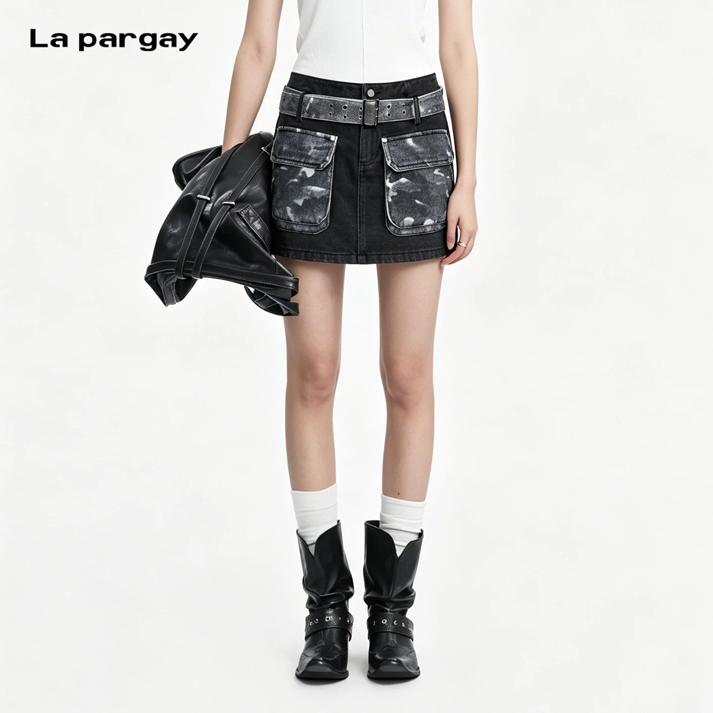 Lapargay Camouflage Cargo Mini Skirt High-Waist Slim Fit with Multi-Buckle Wide Belt L75109204V
