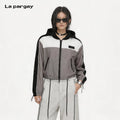 Lapargay Gray-White-Black Color-Block Jacket Hooded Design Drawstring Hem Casual Versatile L75201207V