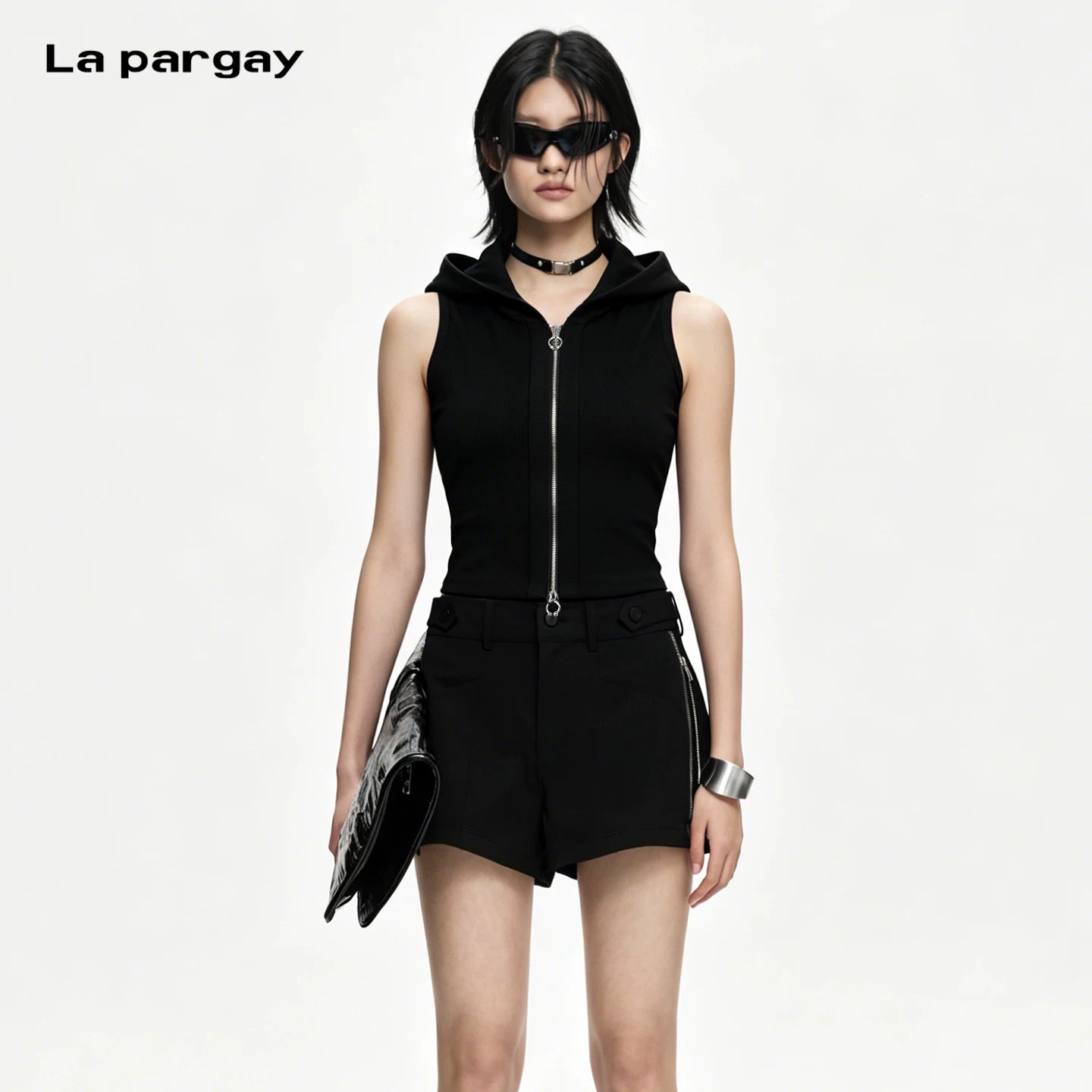 Lapargay adjustable double-zip design hooded sleeveless slim-fit top L75200111C