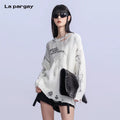 Lapargay Long Sleeve Round Neck Hole Knit Sweater 2026 Spring New Personality Design Top