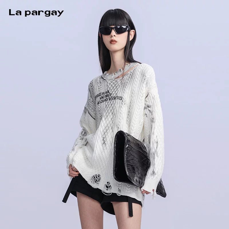 Lapargay Long Sleeve Round Neck Hole Knit Sweater 2026 Spring New Personality Design Top