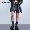 Lapargay PU Leather Shorts Women Fashion Casual Sexy Three-quarter Pants Summer New Black Personality Design Hot Pants