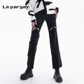 Lapargay hollow straight-leg casual pants 2026 spring new women's black versatile casual high-waist niche pants