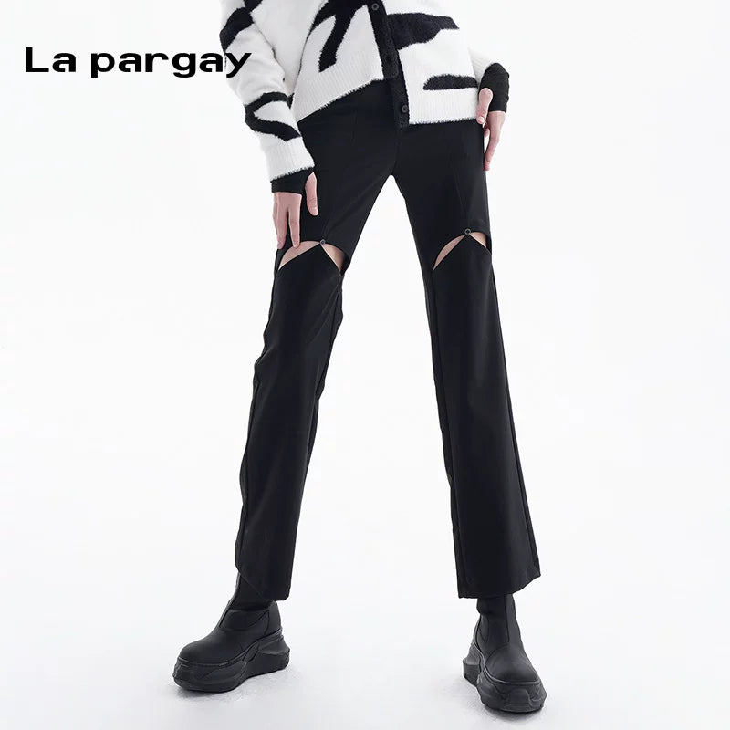 Lapargay hollow straight-leg casual pants 2026 spring new women's black versatile casual high-waist niche pants