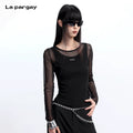 Lapargay Mesh Patchwork Fake Two-Piece Long Sleeve T-Shirt Slim Fitted Slightly Sheer Base Layer L75300303C