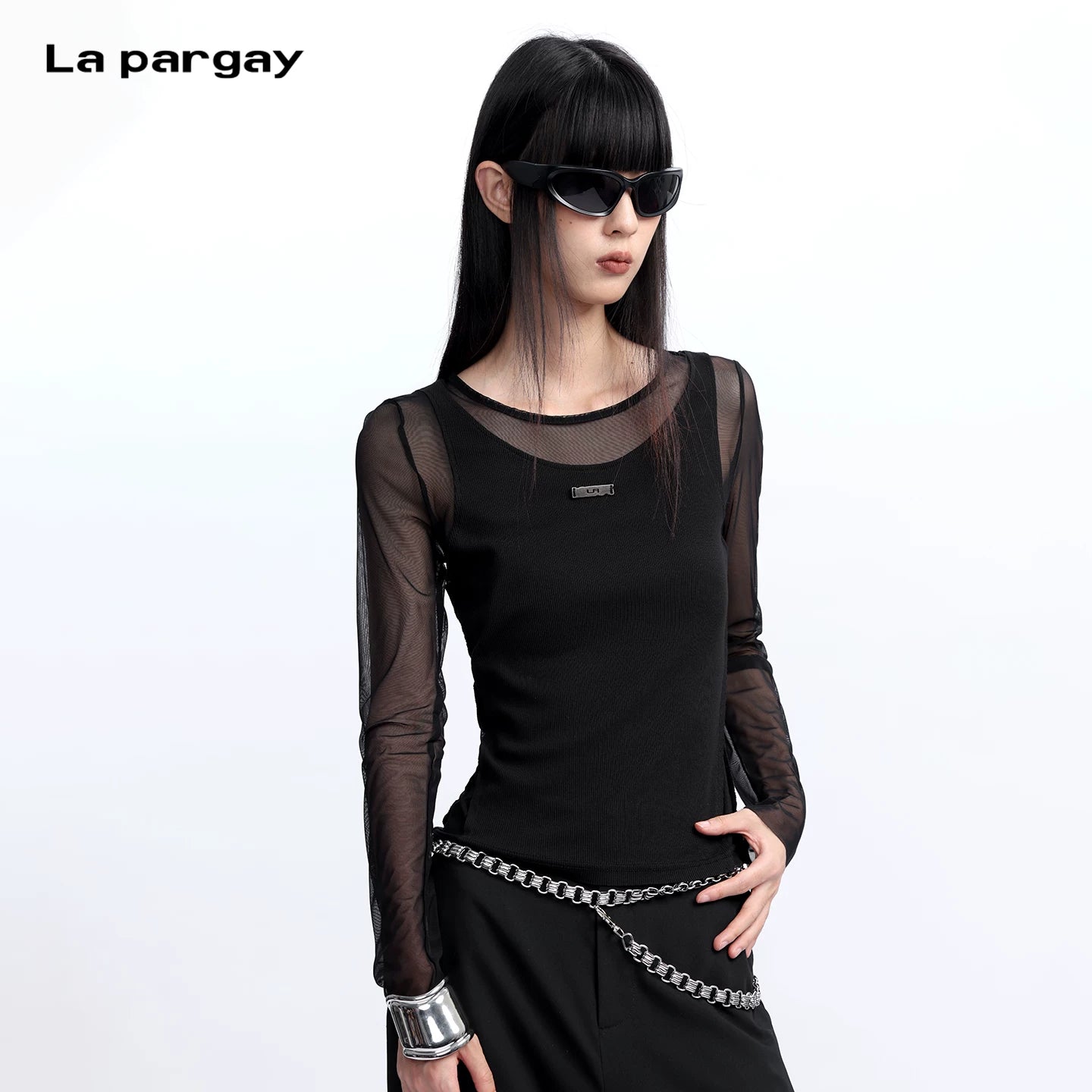 Lapargay Mesh Patchwork Fake Two-Piece Long Sleeve T-Shirt Slim Fitted Slightly Sheer Base Layer L75300303C