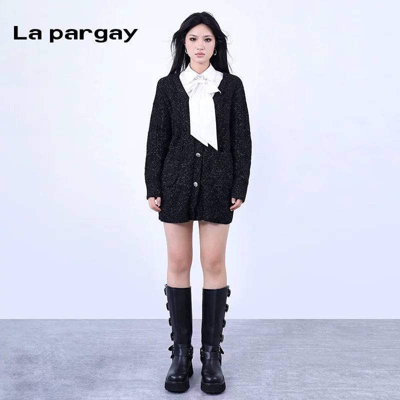 Lapargay Merino wool faux layering sweater, fashionable pullover 2026 new women's V-neck sweater