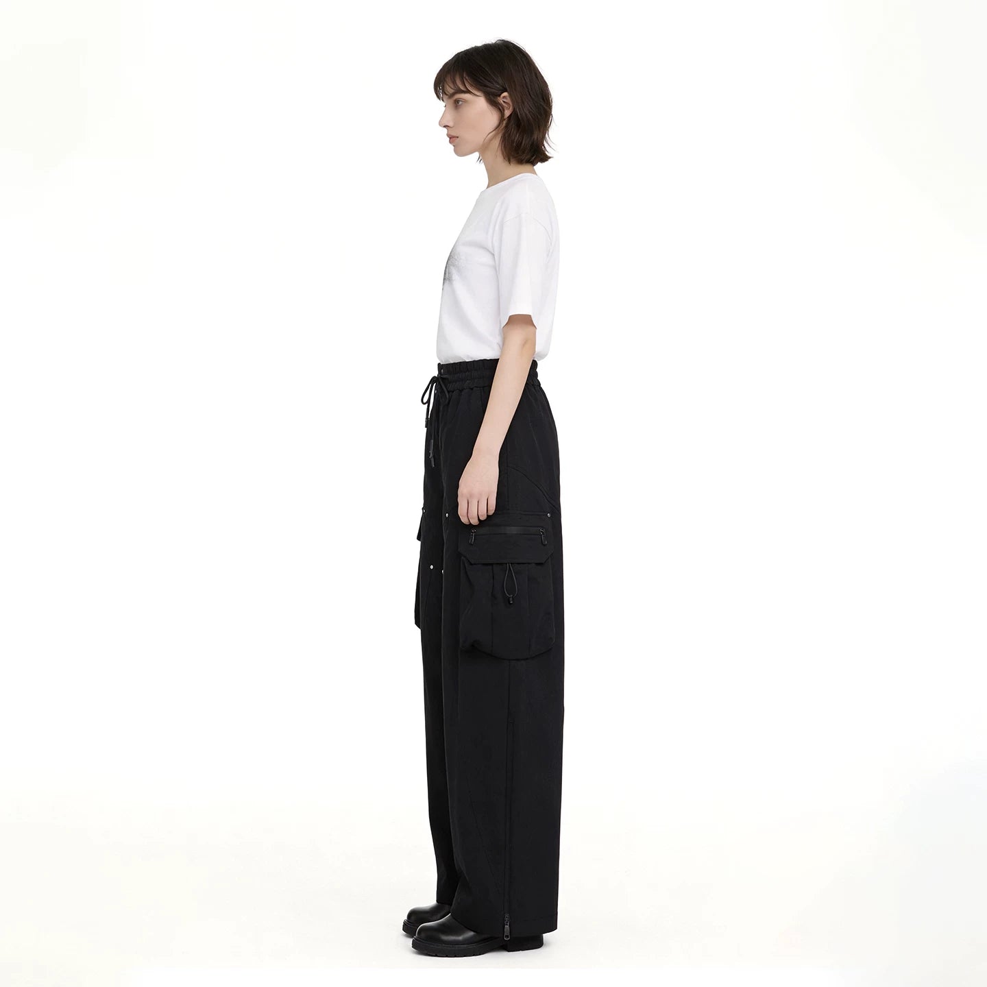 Lapargay multi-pocket cargo pants drawstring high waist rivet design loose draping L75302606V