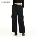 Lapargay multi-pocket cargo pants drawstring high waist rivet design loose draping L75302606V
