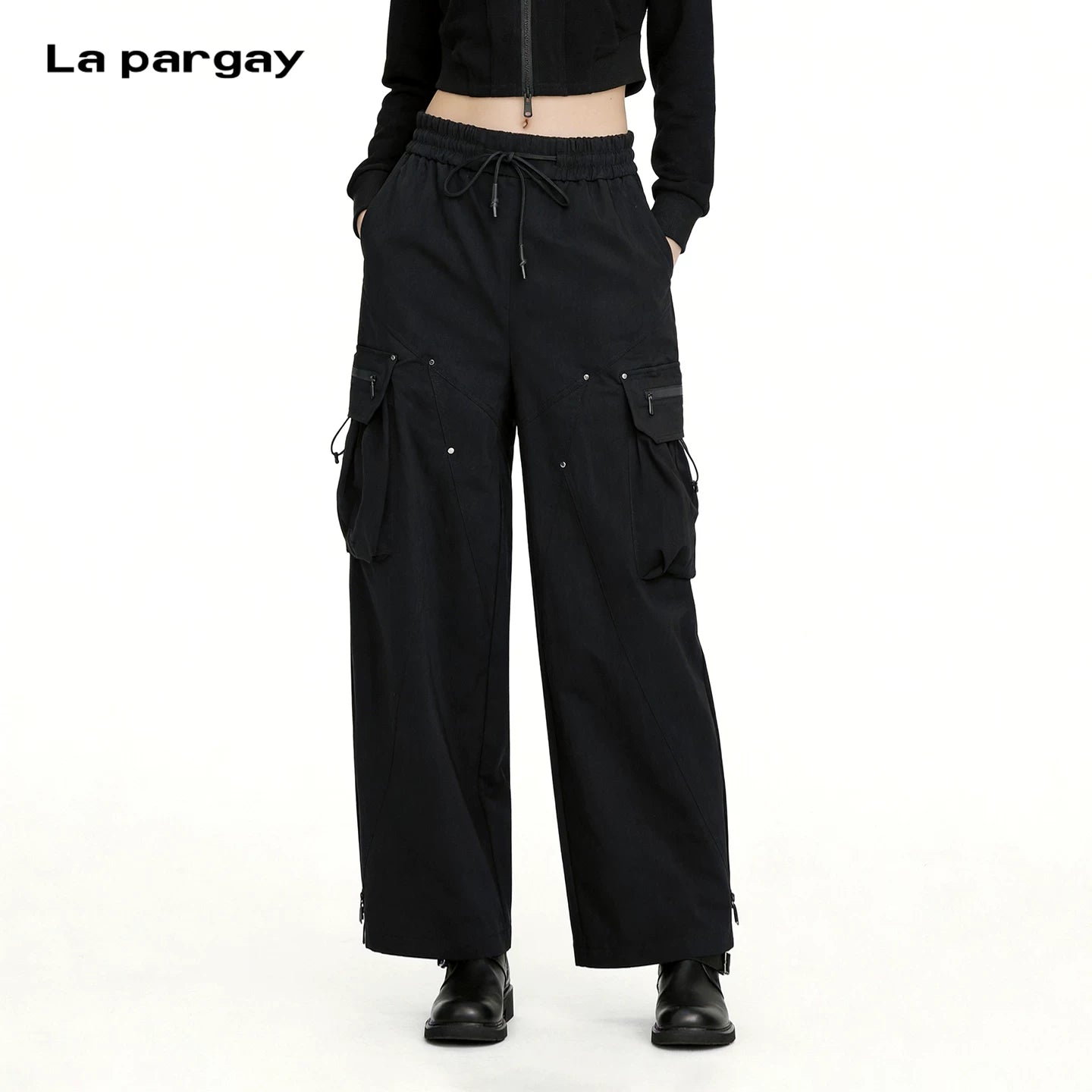 Lapargay multi-pocket cargo pants drawstring high waist rivet design loose draping L75302606V