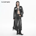 Lapargay  Gradient Washed Short Jacket with Contrast Panels, Frayed Round Neck Denim Jacket L78101231V