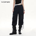 Lapargay Black Techwear Casual Pants Side Ribbon Zipper Cargo Big Pocket L63302606C