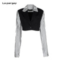 Lapargay spliced crop jacket, suit collar, contrasting stripes, single button design L69201206C