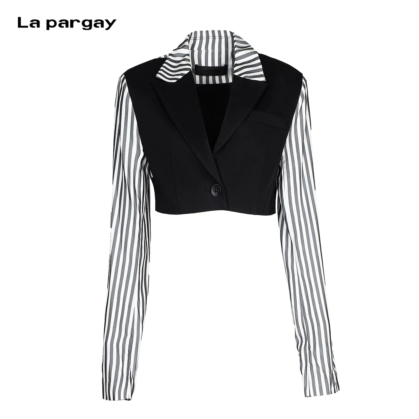 Lapargay spliced crop jacket, suit collar, contrasting stripes, single button design L69201206C