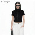 Lapargay Stand Collar Drawstring Top Double Zipper Design Waist-defining Short Style L75201201C